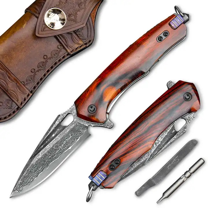 Couteau pliant de chasse en acier damassé HARAHU TA-29050 - Marron