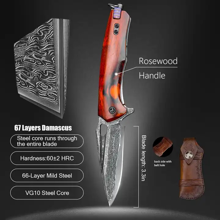 Couteau pliant de chasse en acier damassé HARAHU TA-29050 - Marron
