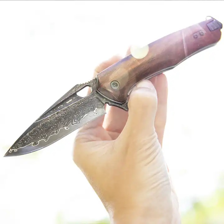 Couteau pliant de chasse en acier damassé HARAHU TA-29050 - Marron