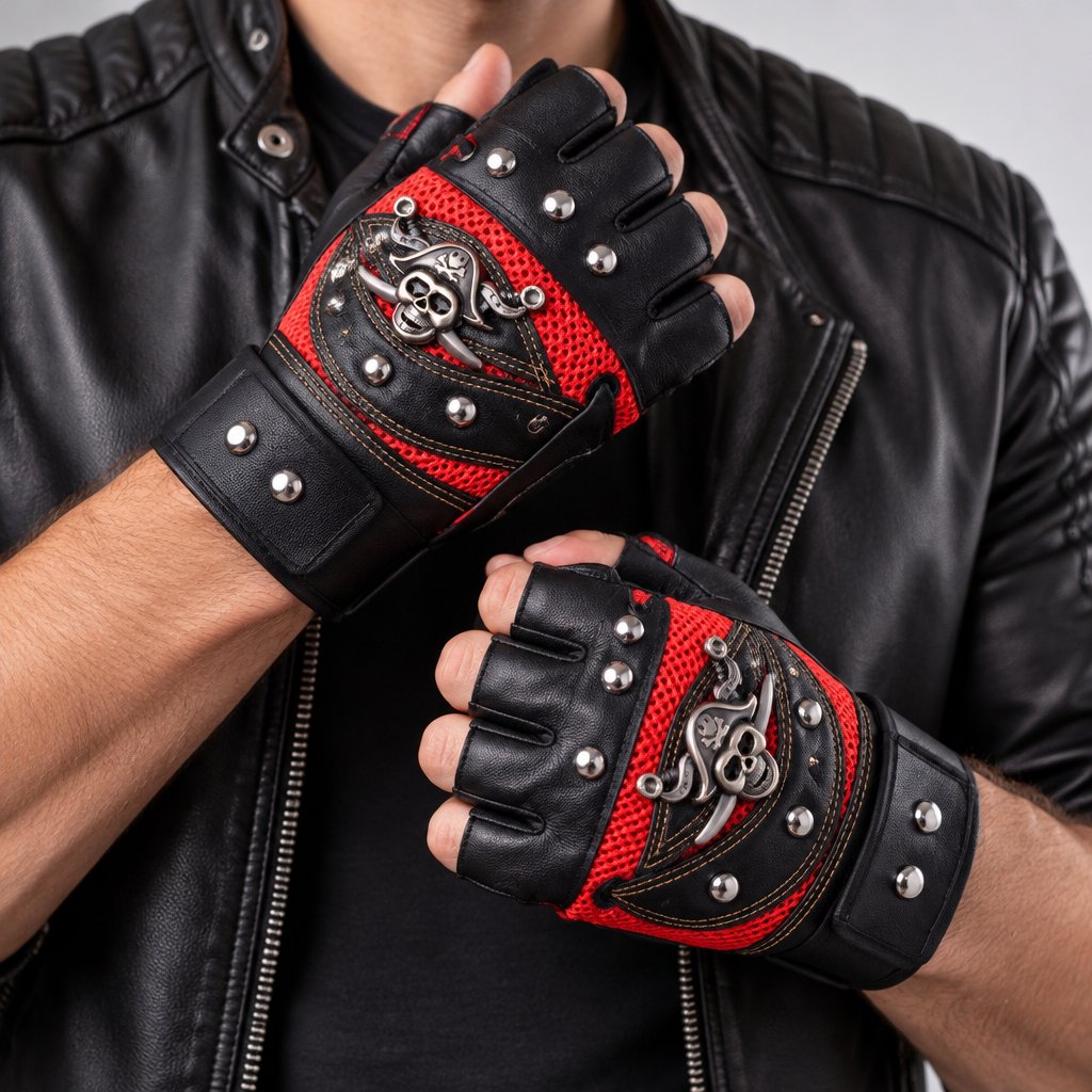 Gants sans doigts pour hommes - Noir / Rouge